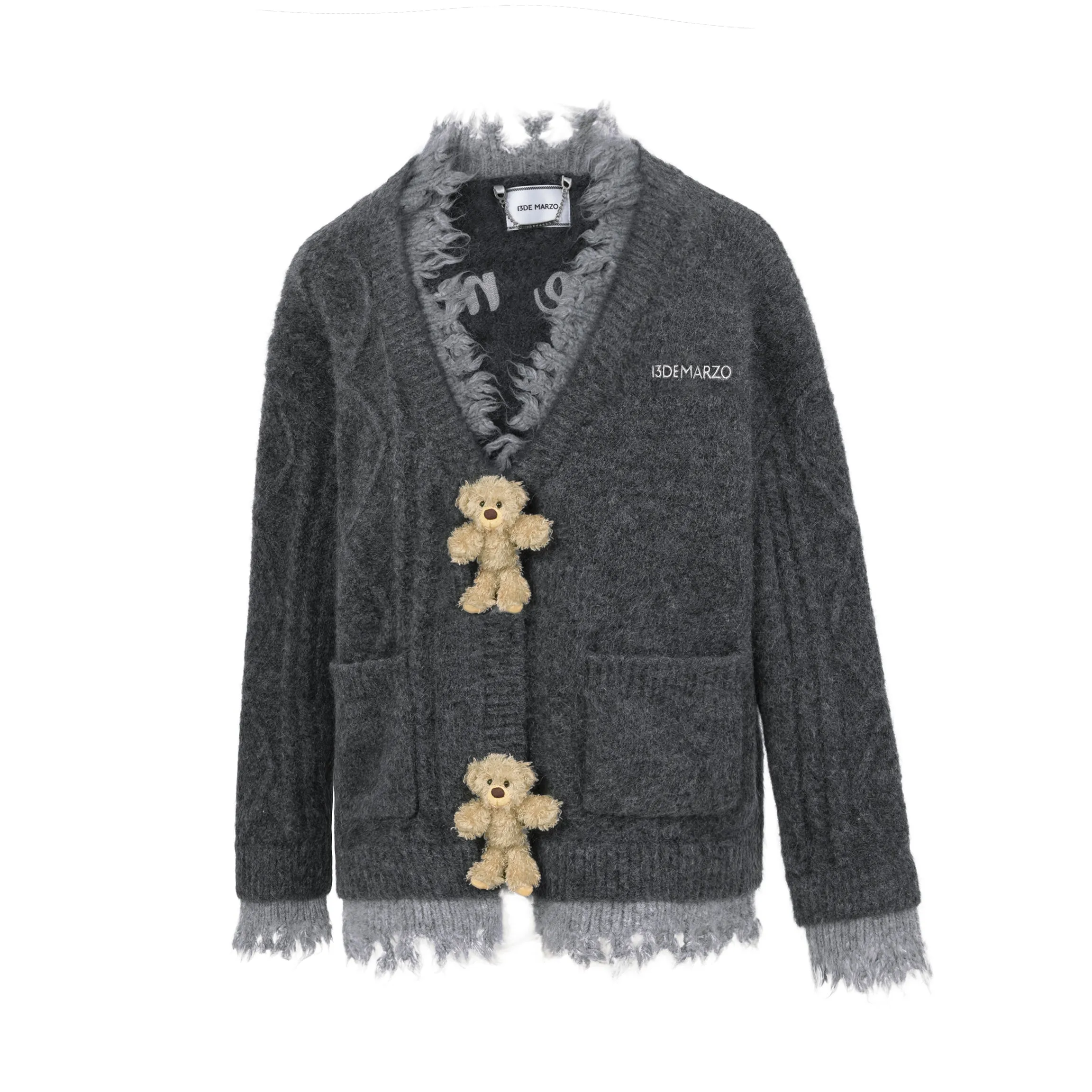 13DE MARZO Bear Button Unedged Cardigan