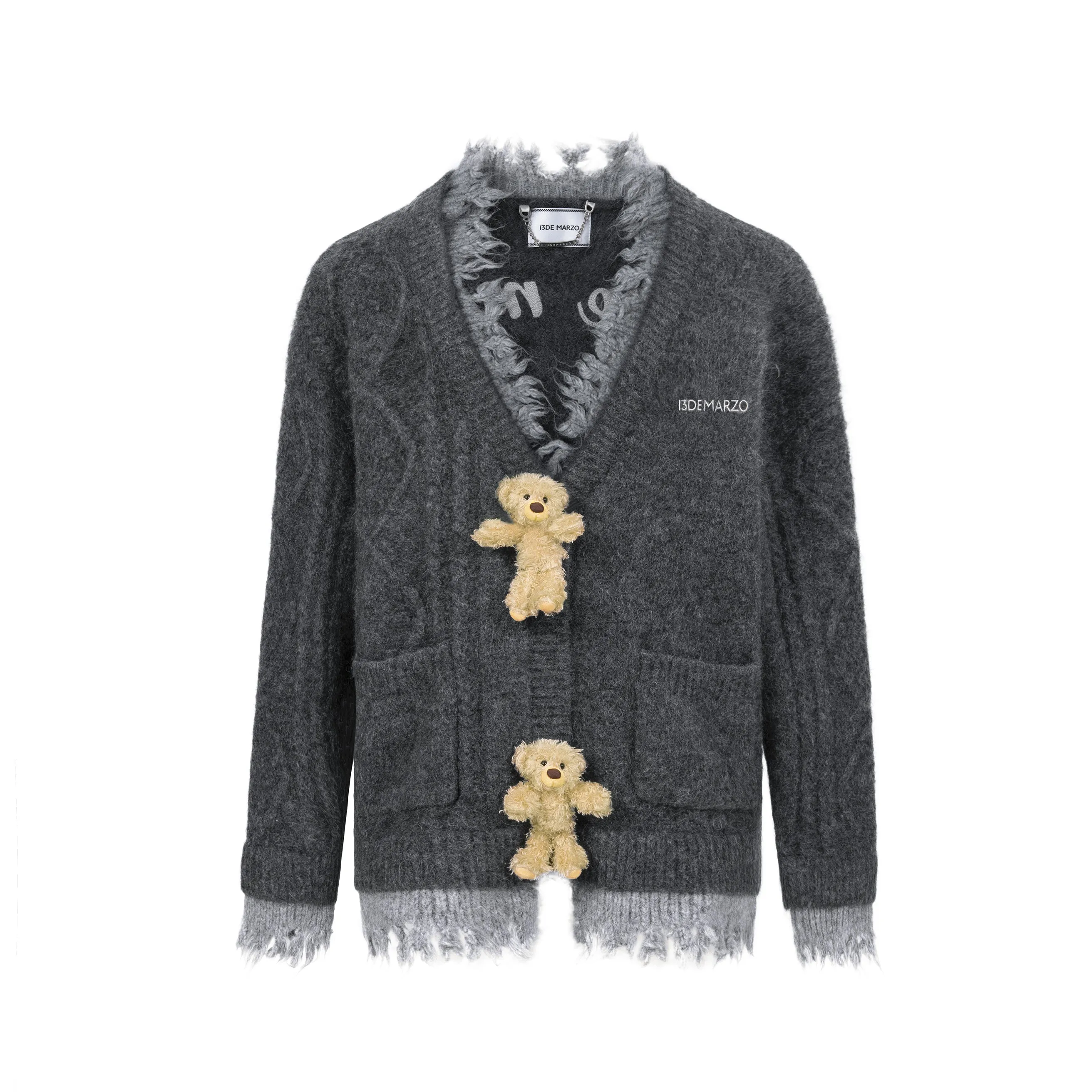 13DE MARZO Bear Button Unedged Cardigan