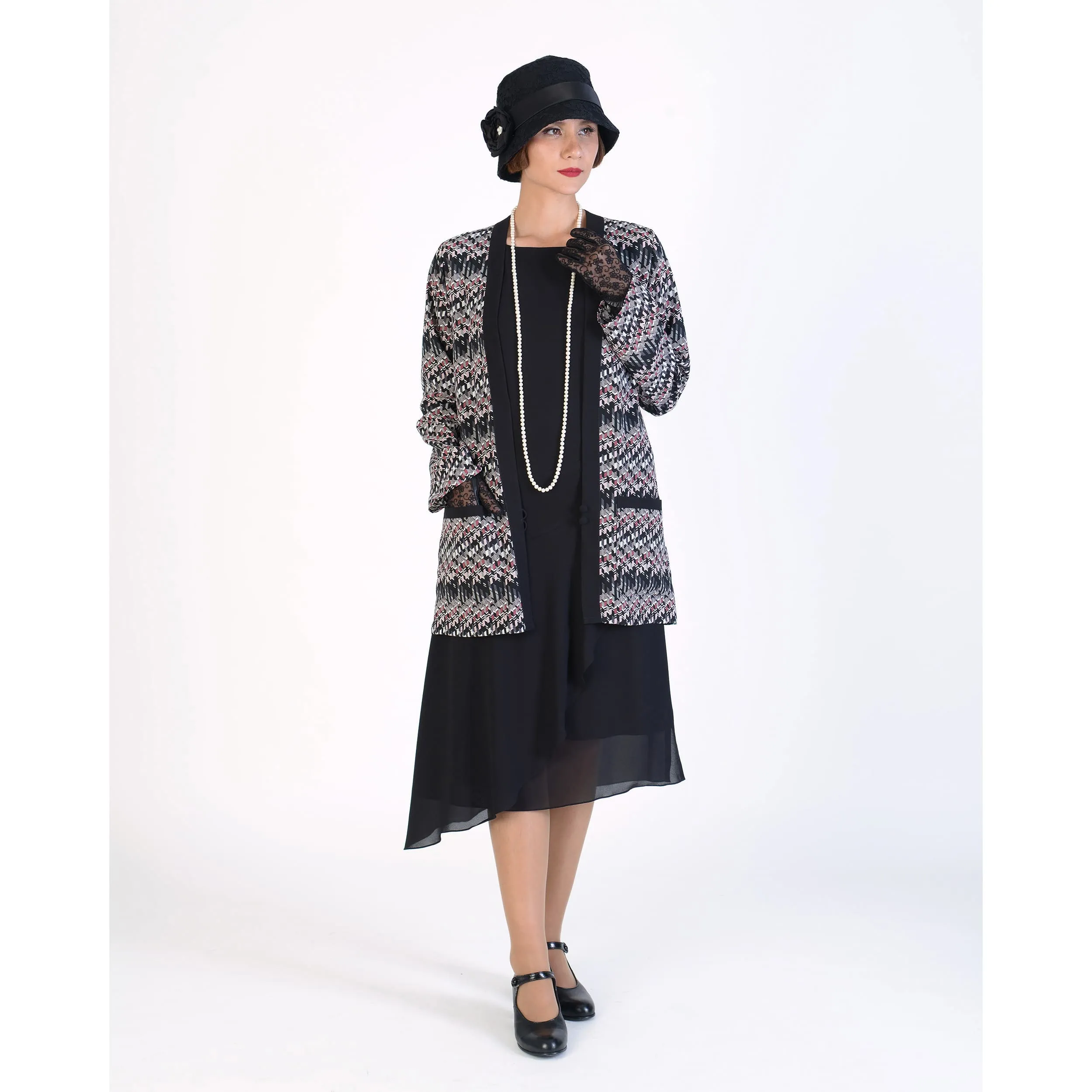 1920s Great Gatsby dress in black chiffon with a boat neck