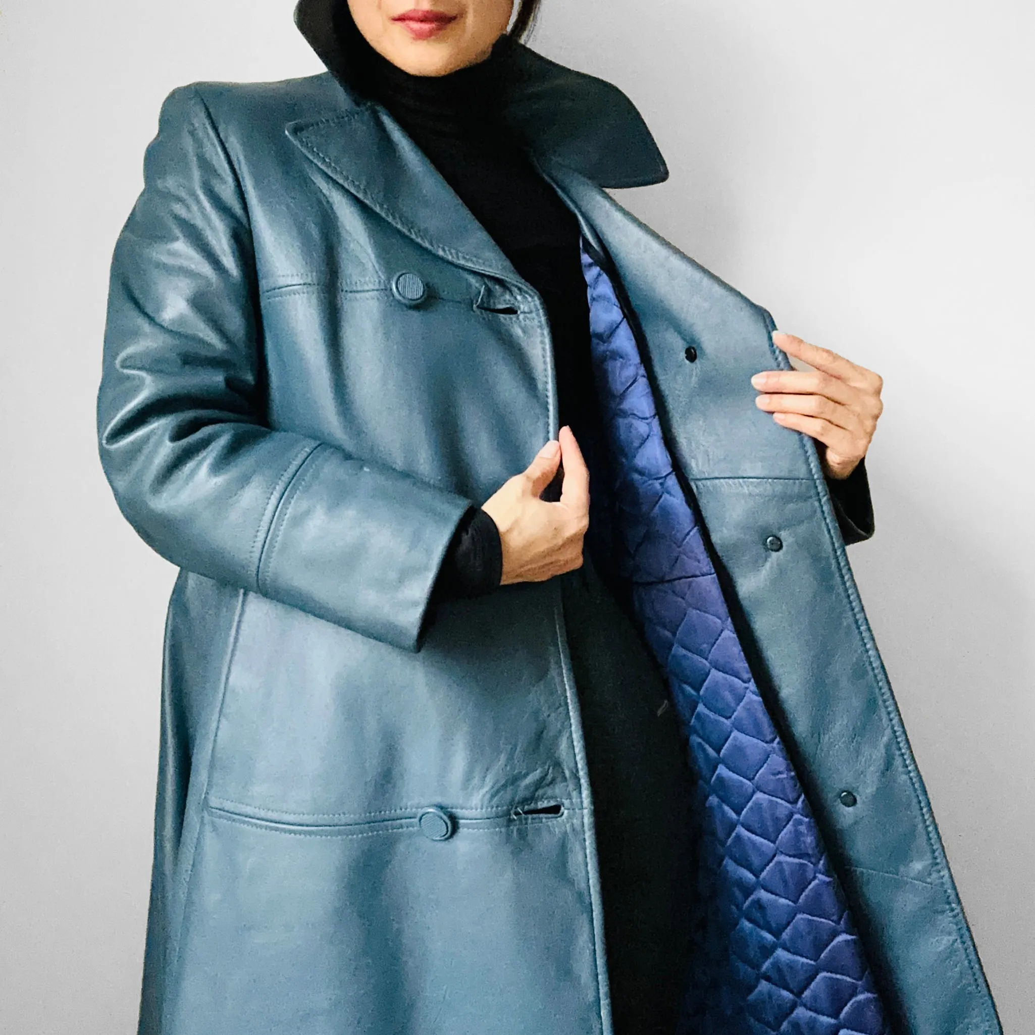 1970s Slate Blue Leather Midi-Length Quilted Coat - S/M