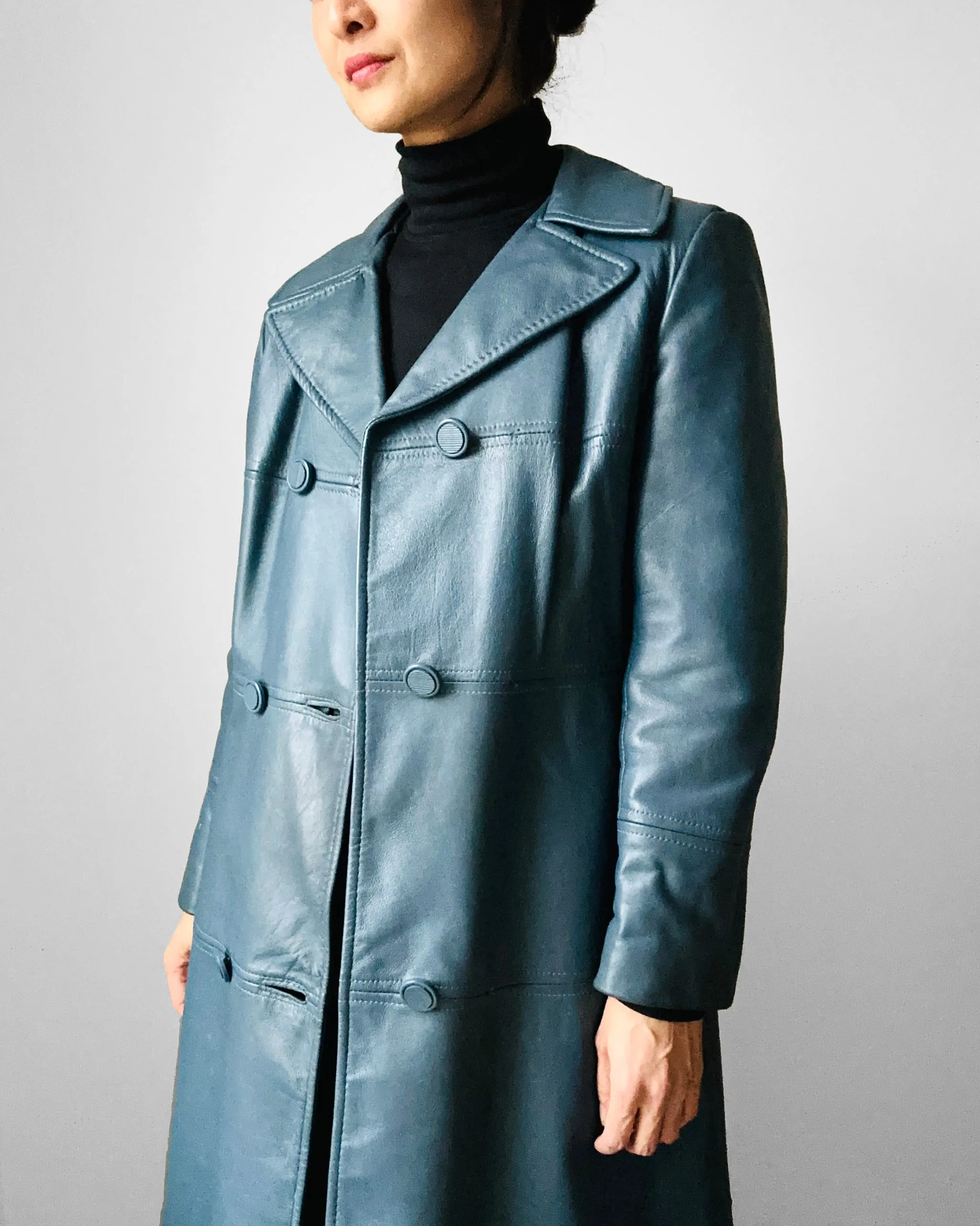 1970s Slate Blue Leather Midi-Length Quilted Coat - S/M