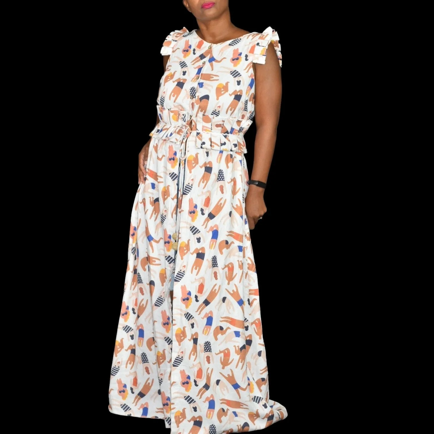 Azulu Marina Kimono White Swimmers Print Linen Duster Whimsical Long Open Size Medium