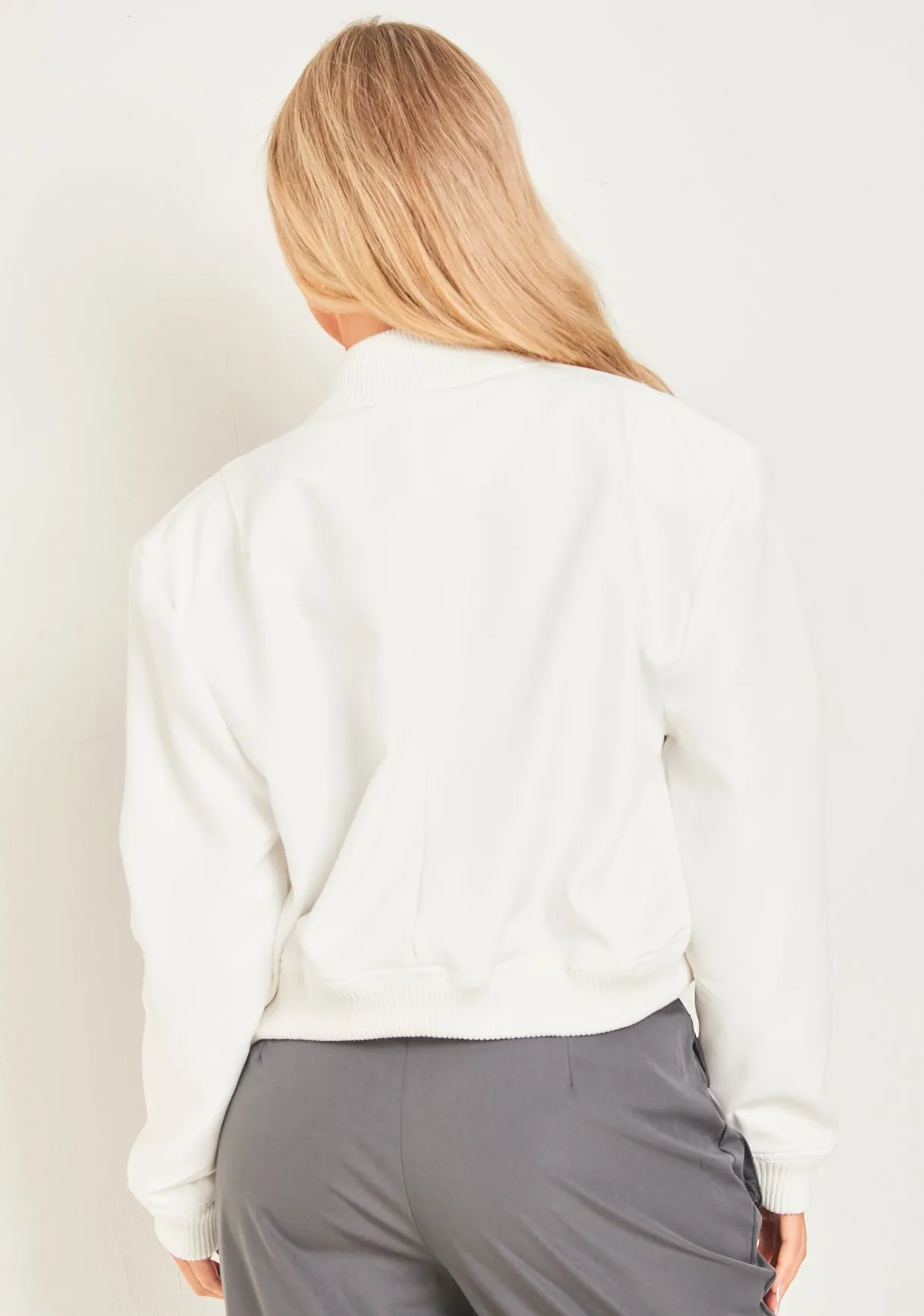 Becca White Button Up Cropped Bomber Jacket
