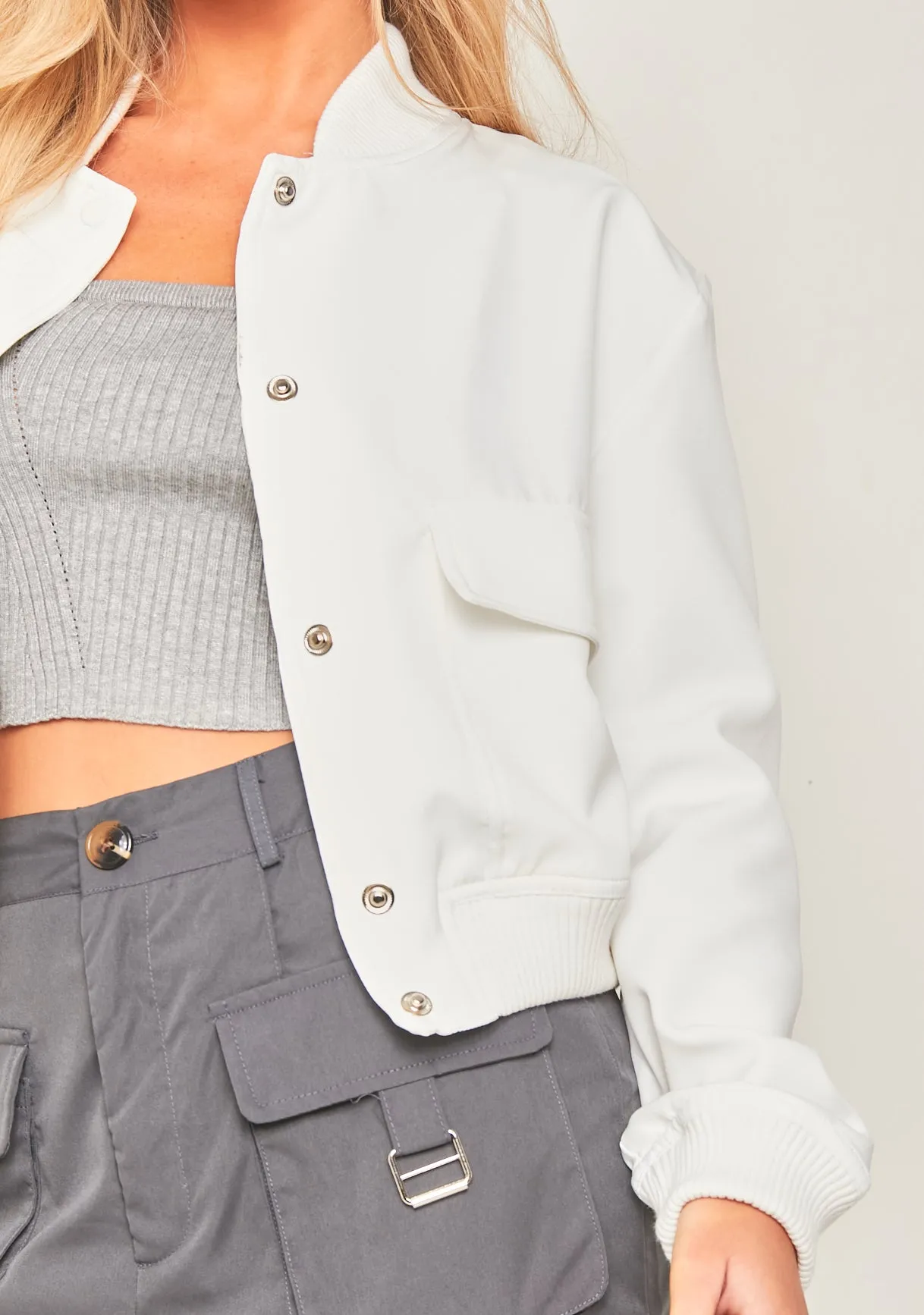 Becca White Button Up Cropped Bomber Jacket