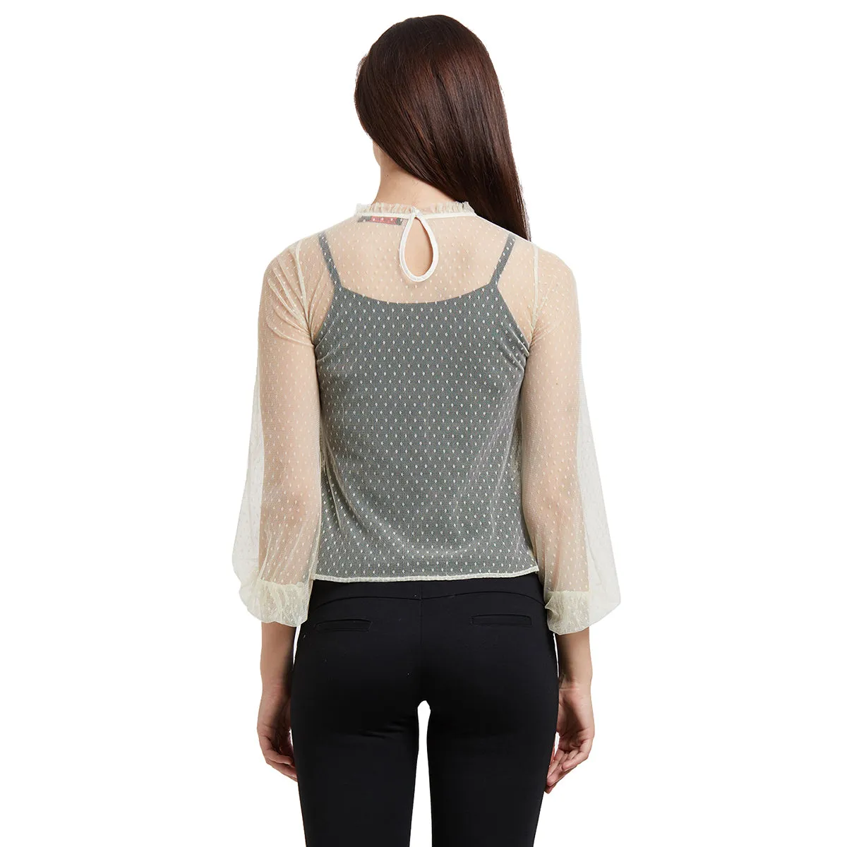 Beige Self Design Top With Full Sleeves