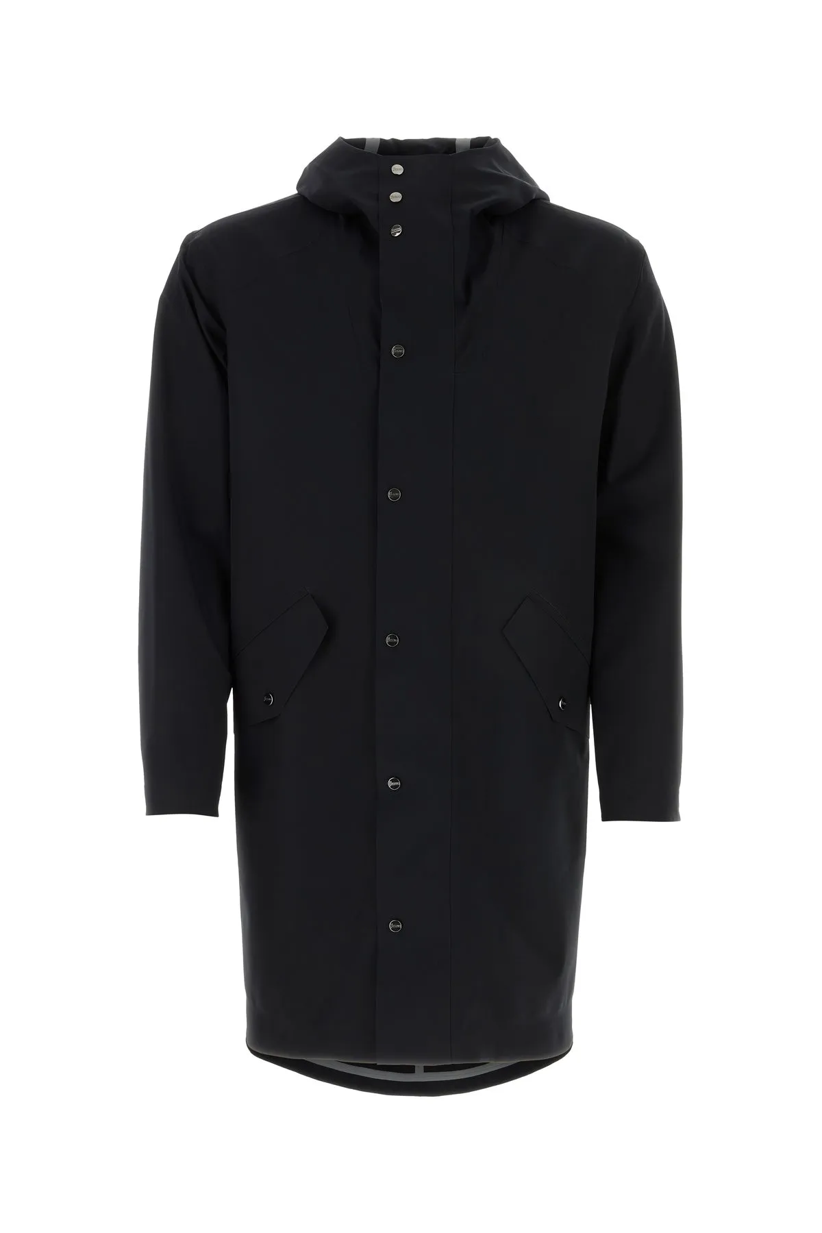 Black stretch nylon overcoat
