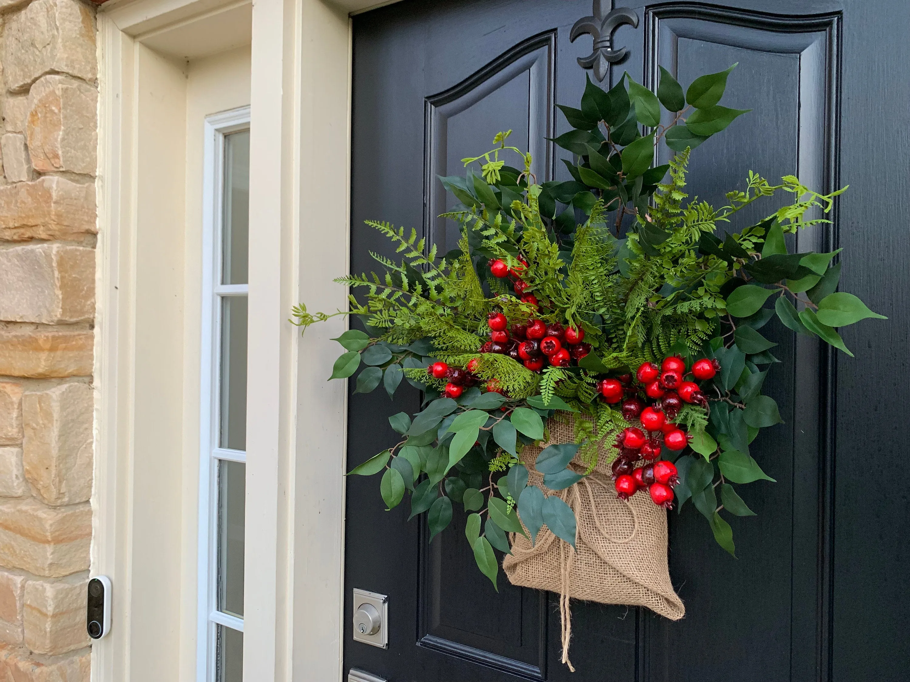 Burlap-Wrapped Winter Door Bouquet