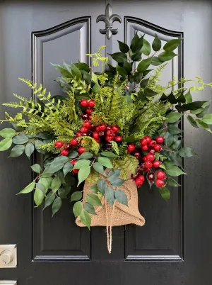 Burlap-Wrapped Winter Door Bouquet