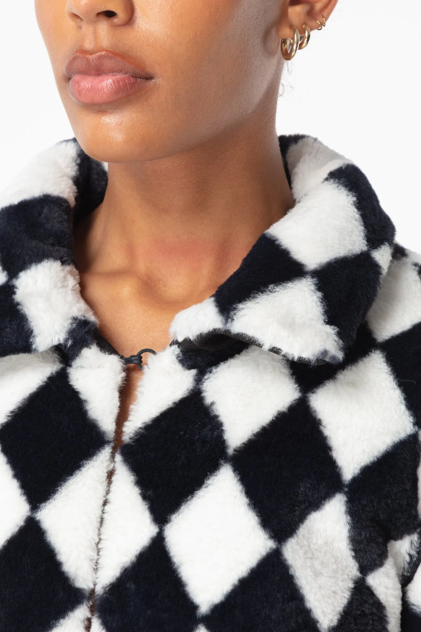 Check Faux Fur Cropped Coat