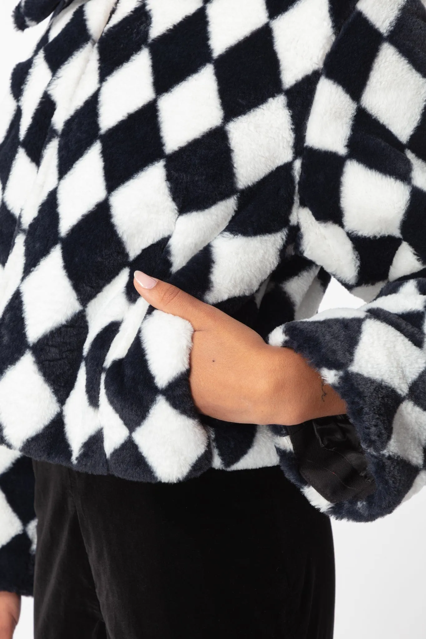 Check Faux Fur Cropped Coat