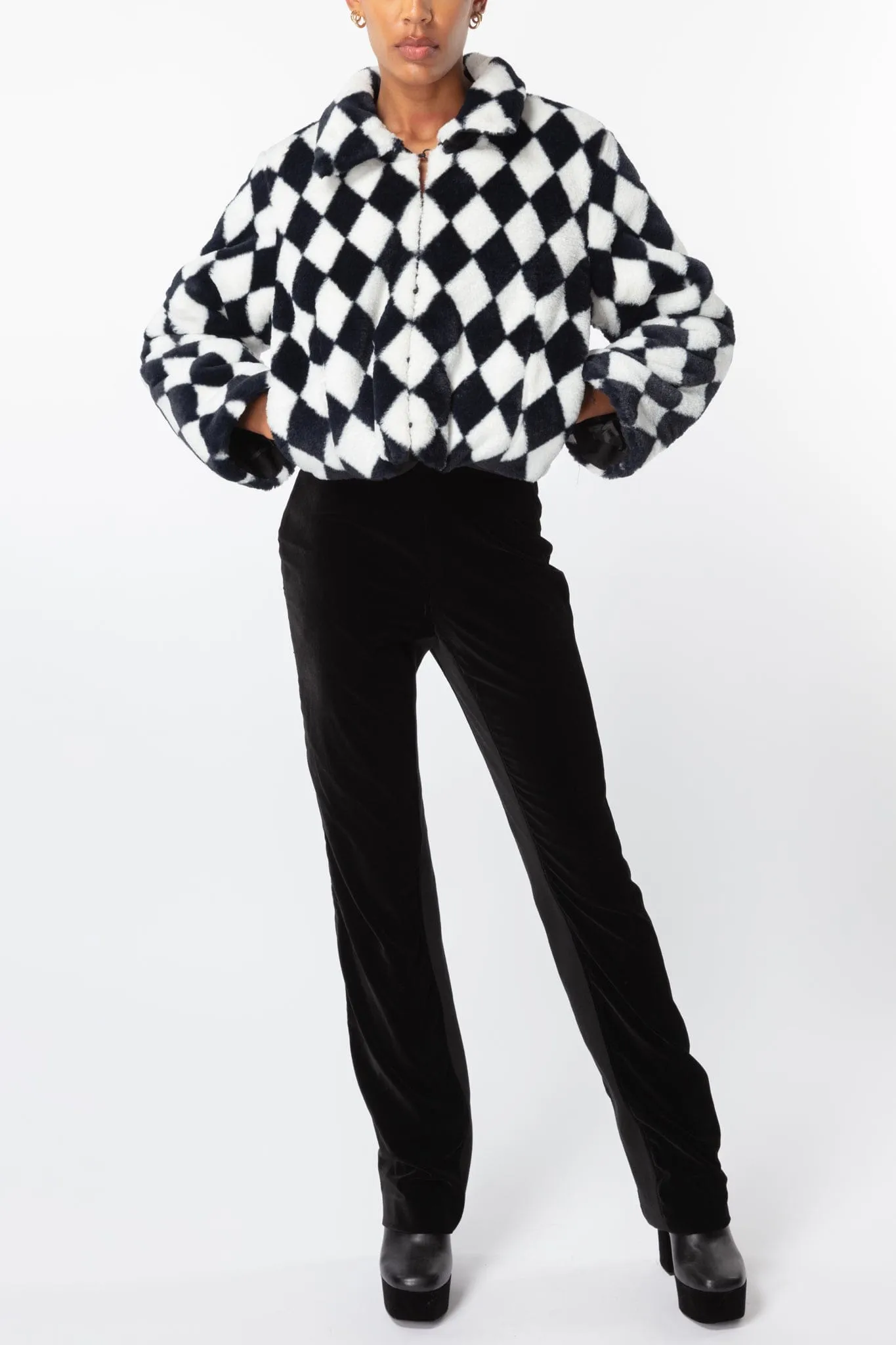 Check Faux Fur Cropped Coat