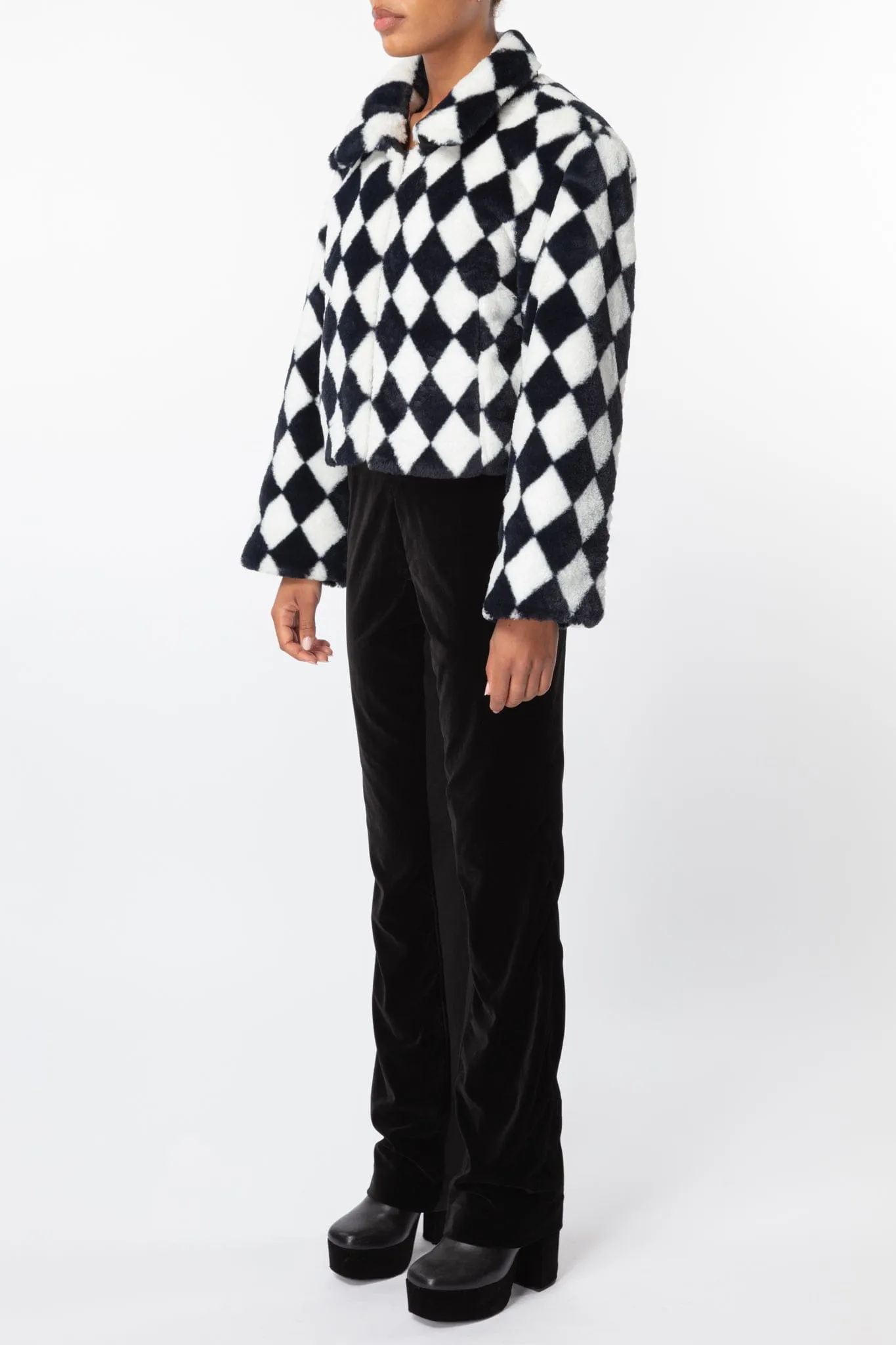 Check Faux Fur Cropped Coat