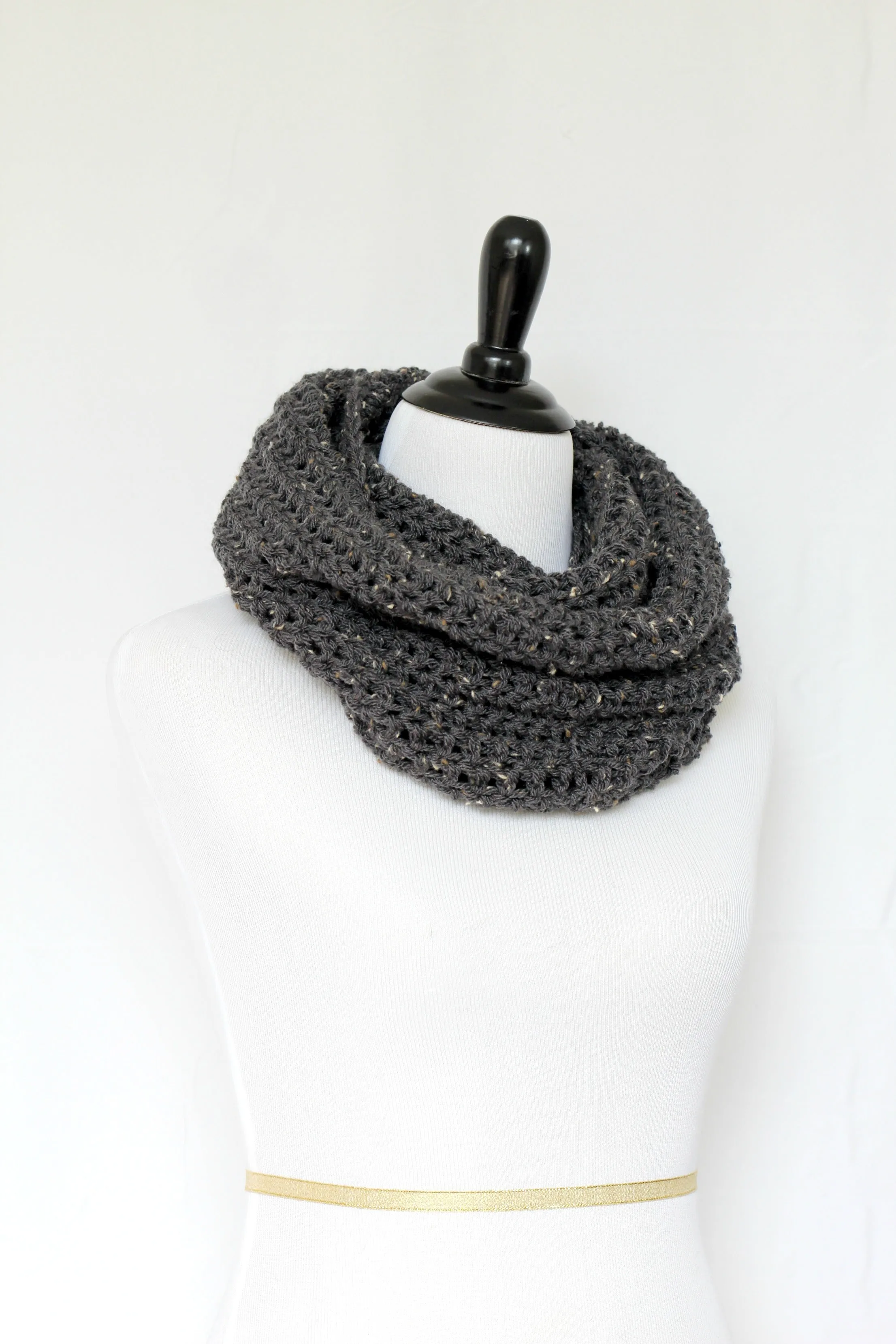 Crochet cowl in dark grey color, chunky infinity scarf