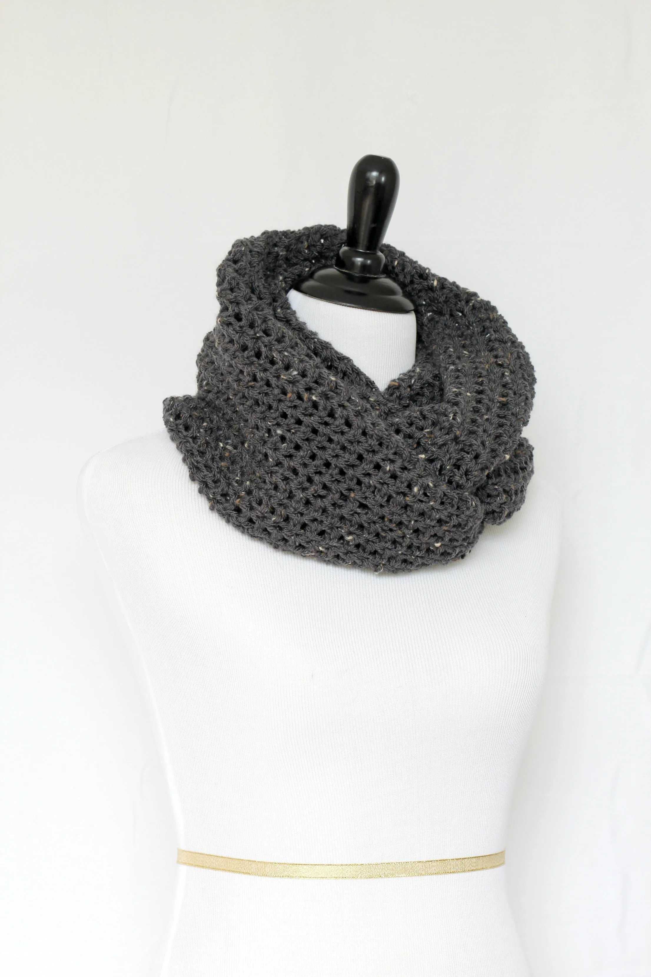 Crochet cowl in dark grey color, chunky infinity scarf