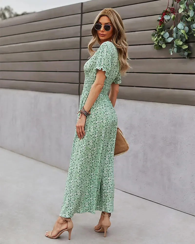 Deep V Floral Dress