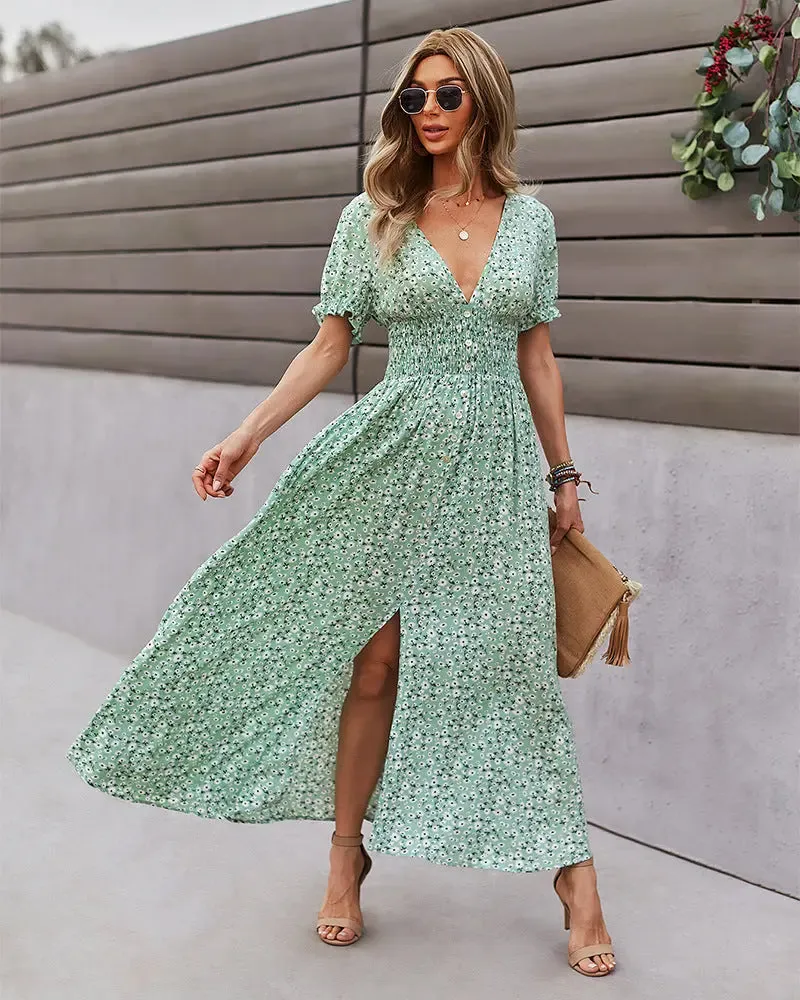 Deep V Floral Dress