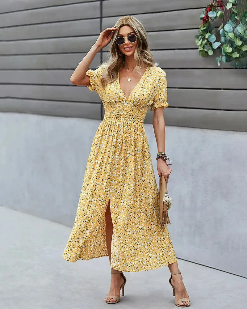 Deep V Floral Dress