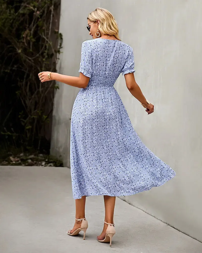 Deep V Floral Dress