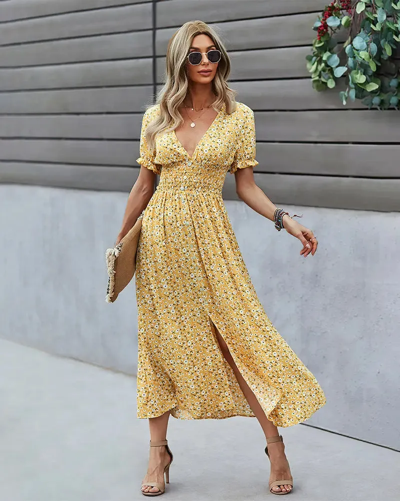 Deep V Floral Dress