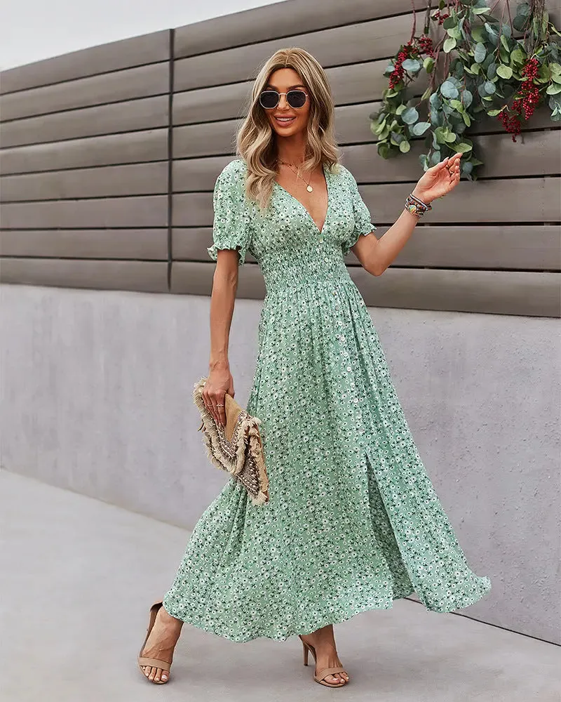 Deep V Floral Dress