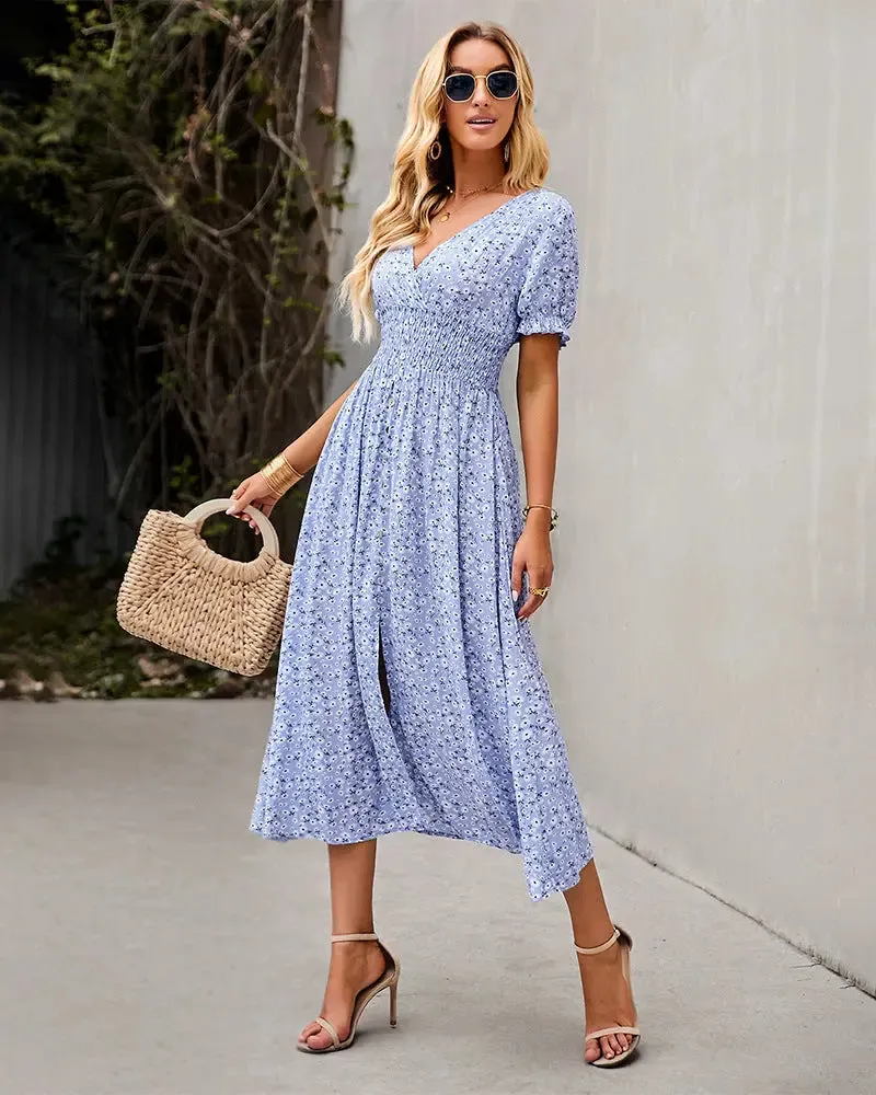 Deep V Floral Dress