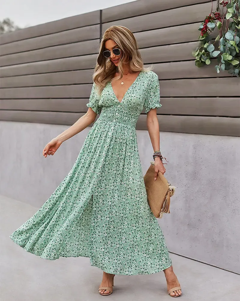 Deep V Floral Dress
