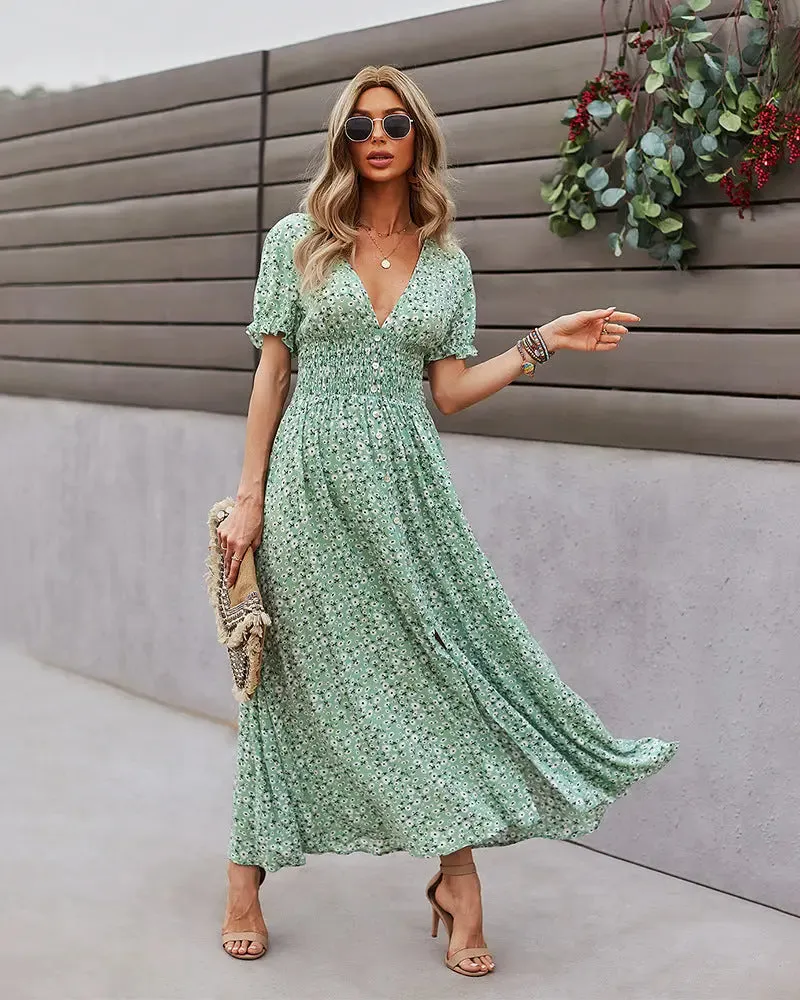 Deep V Floral Dress