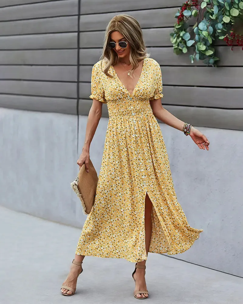 Deep V Floral Dress