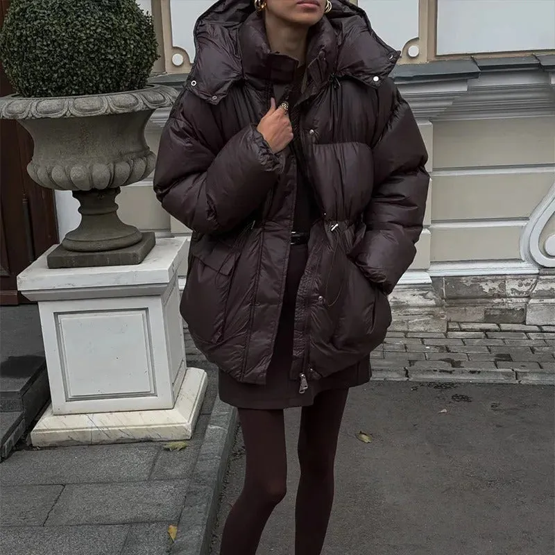 Fashion Brown Hooded Drawstring Thicken Cotton Jacket Women Elegant Long Sleeve Pocket Quilted Coat New Casual Commute Outerwear