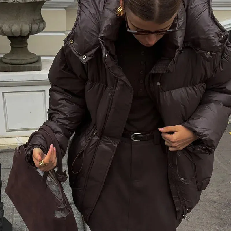 Fashion Brown Hooded Drawstring Thicken Cotton Jacket Women Elegant Long Sleeve Pocket Quilted Coat New Casual Commute Outerwear