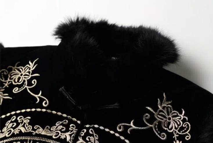 Floral Embroidery Fur Collar & Edge Knee Length Chinese Waistcoat Vest