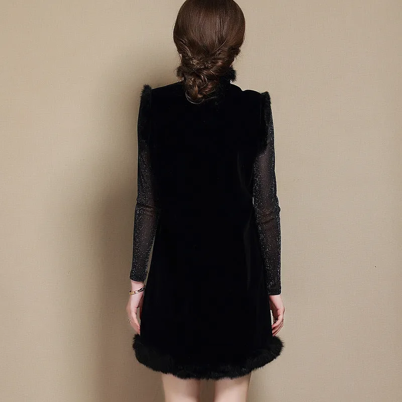 Floral Embroidery Fur Collar & Edge Knee Length Chinese Waistcoat Vest