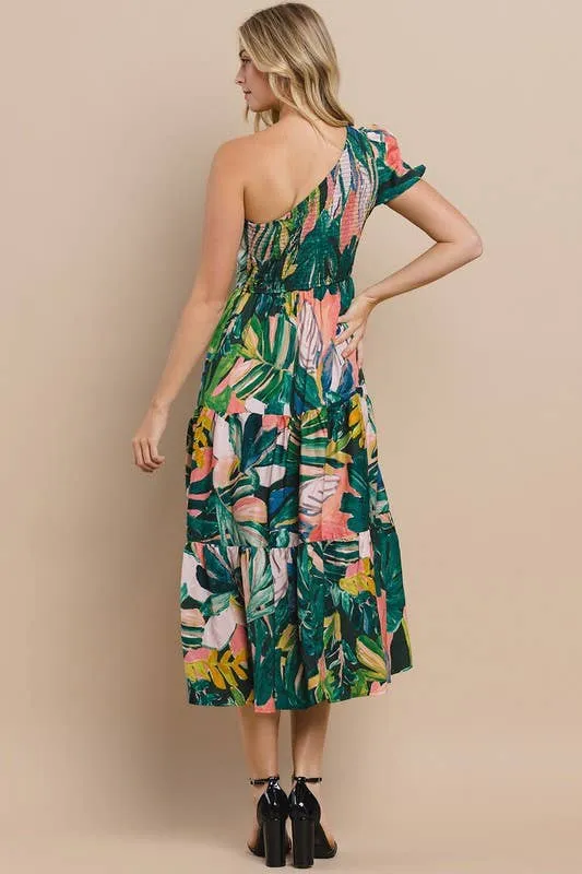 Floral Printed Green One Shoulder Midi Dress