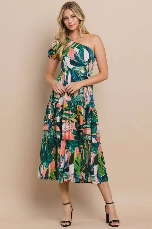 Floral Printed Green One Shoulder Midi Dress