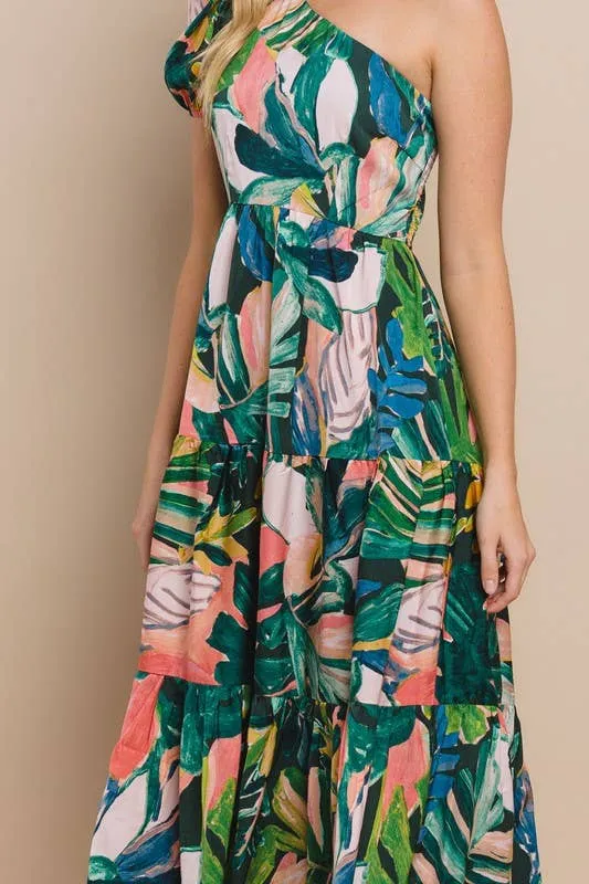 Floral Printed Green One Shoulder Midi Dress