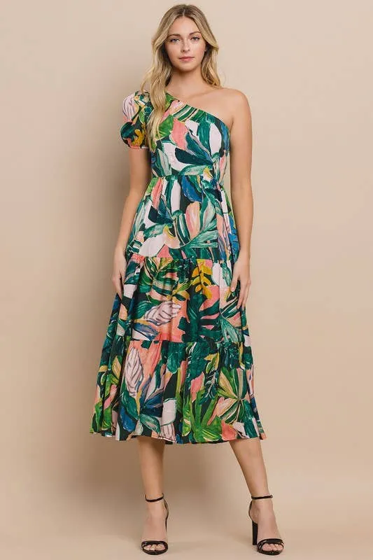 Floral Printed Green One Shoulder Midi Dress