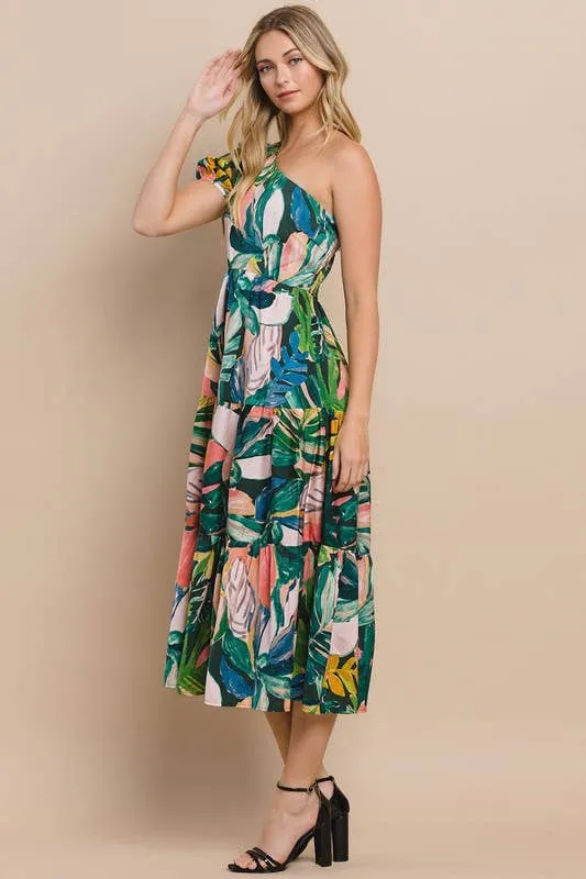 Floral Printed Green One Shoulder Midi Dress