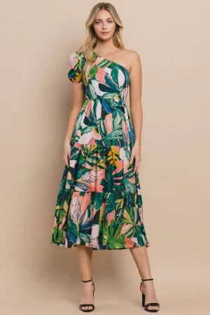 Floral Printed Green One Shoulder Midi Dress