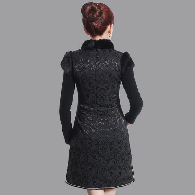 Fur Collar Cap Sleeve Brocade Cheongsam Chinese Dress with Phoenix Sequins
