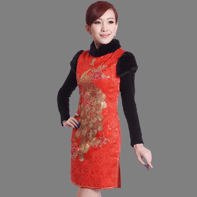 Fur Collar Cap Sleeve Brocade Cheongsam Chinese Dress with Phoenix Sequins