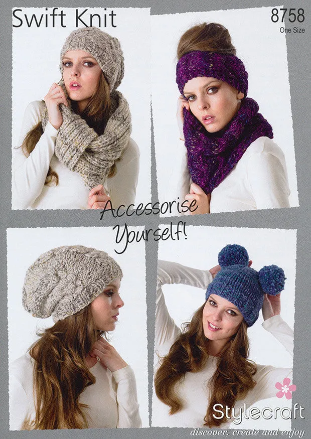 Hats, Headband, Neckwarmer and Snood in Stylecraft Swift Knit (8758)