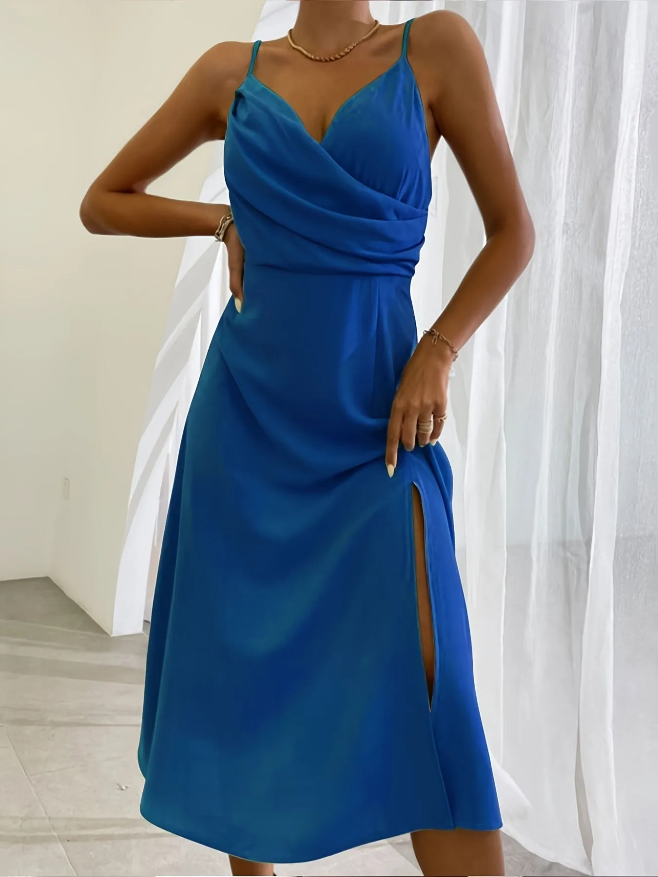 Heidi – V-Neck Slip Dress with Printed Slit