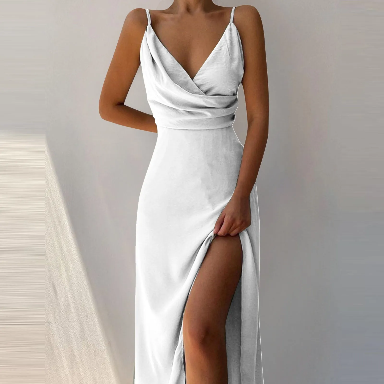 Heidi – V-Neck Slip Dress with Printed Slit