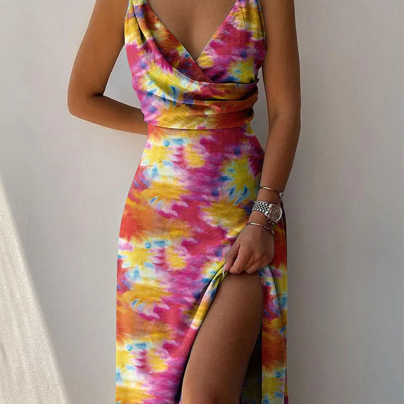 Heidi – V-Neck Slip Dress with Printed Slit