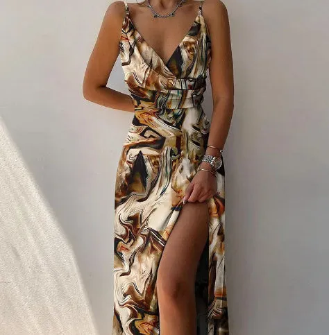 Heidi – V-Neck Slip Dress with Printed Slit