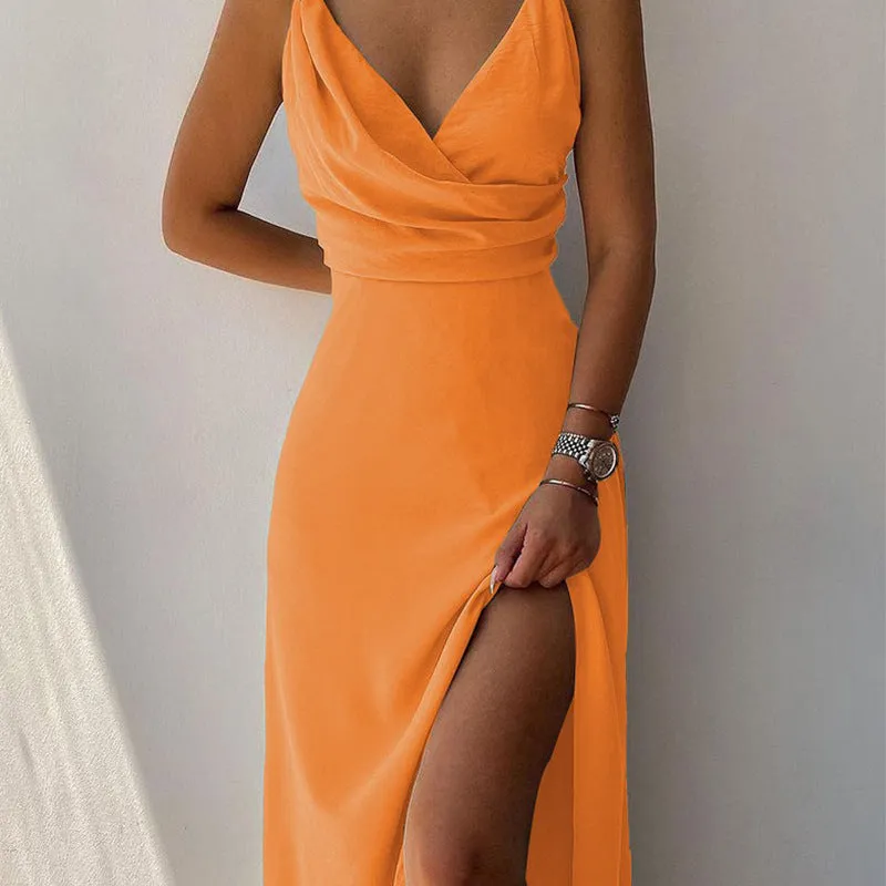 Heidi – V-Neck Slip Dress with Printed Slit
