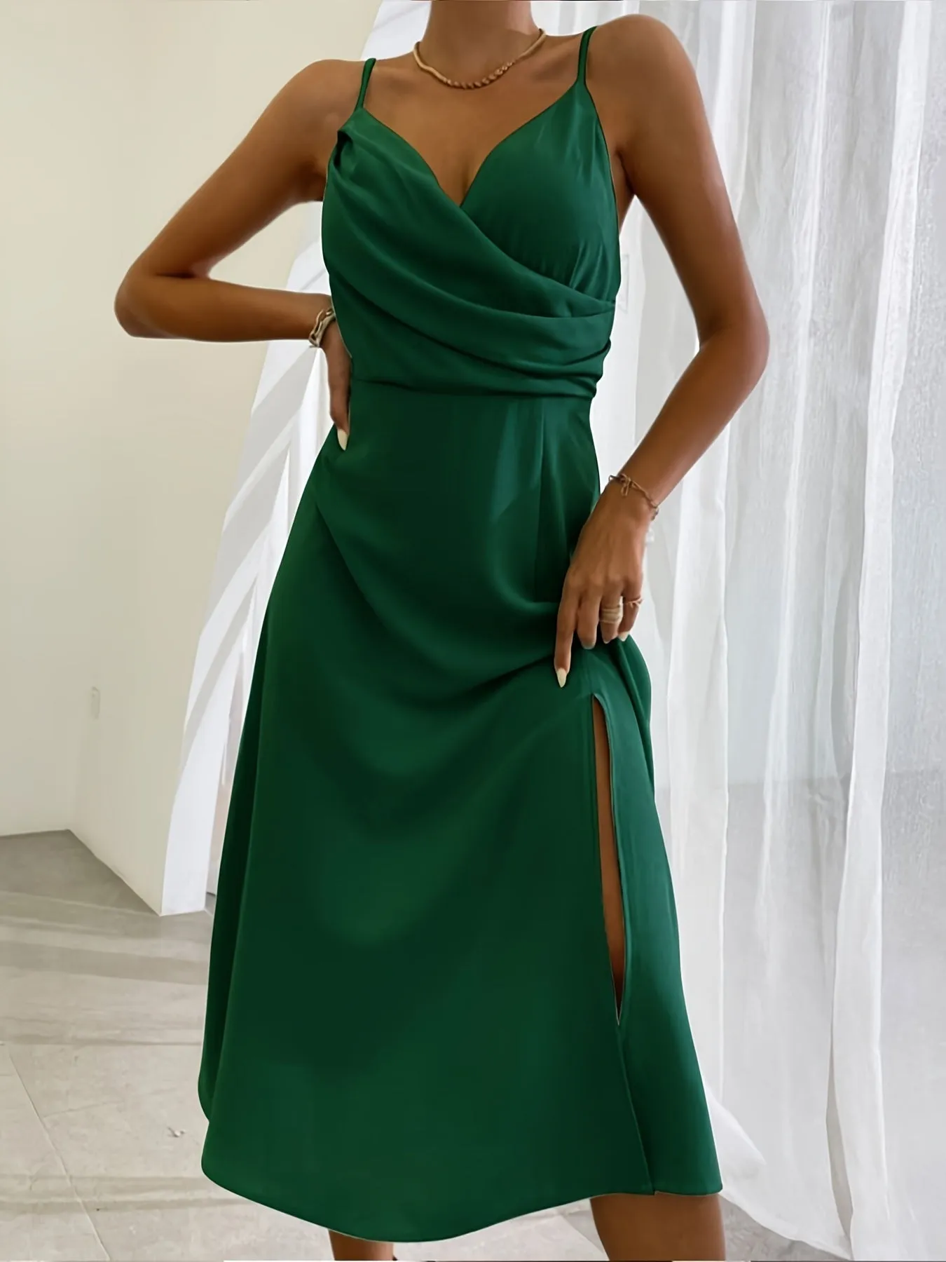 Heidi – V-Neck Slip Dress with Printed Slit