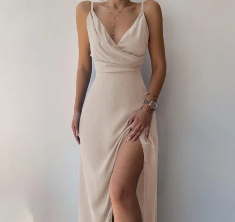 Heidi – V-Neck Slip Dress with Printed Slit