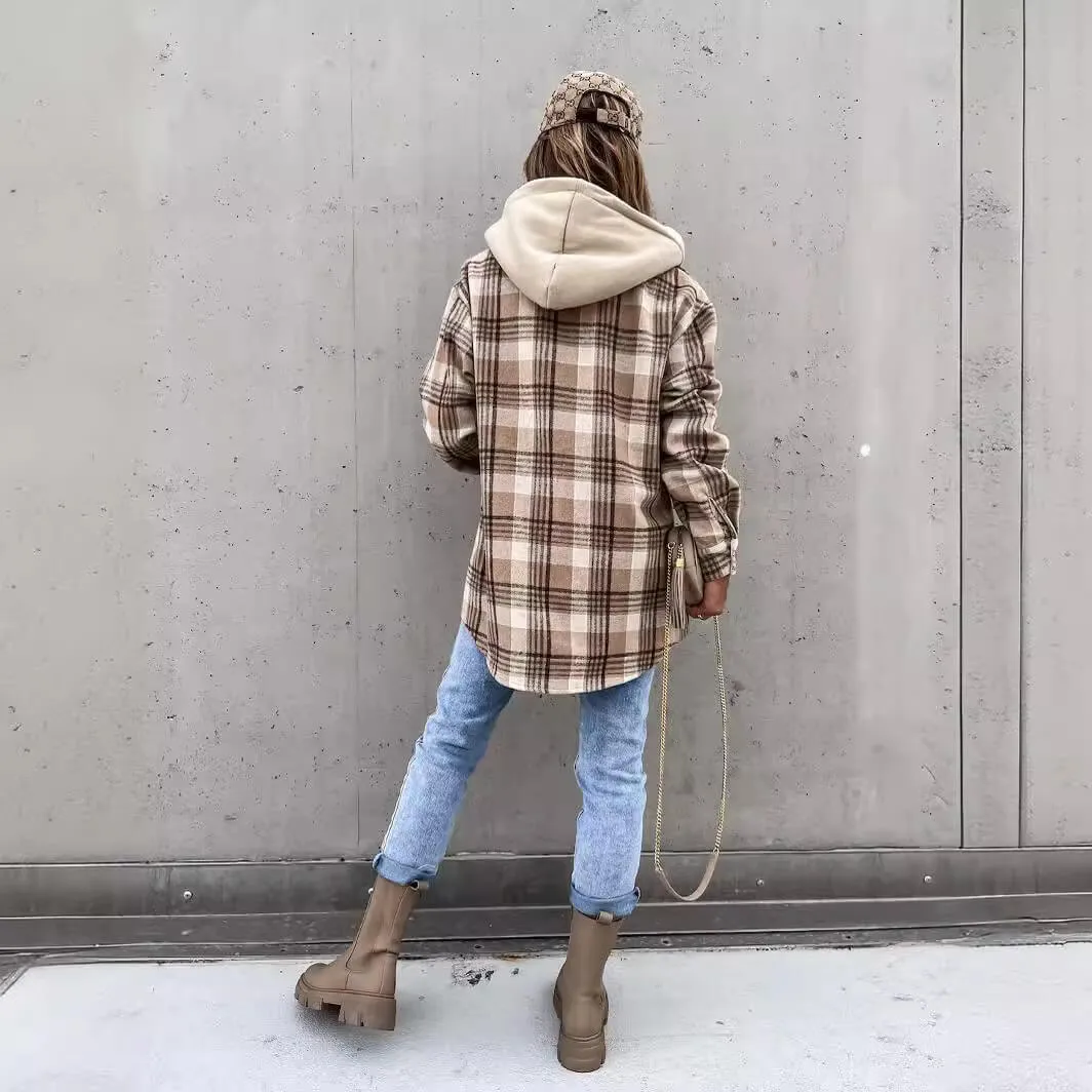 Hooded Loose Plaid Button Down Shirt Jacket