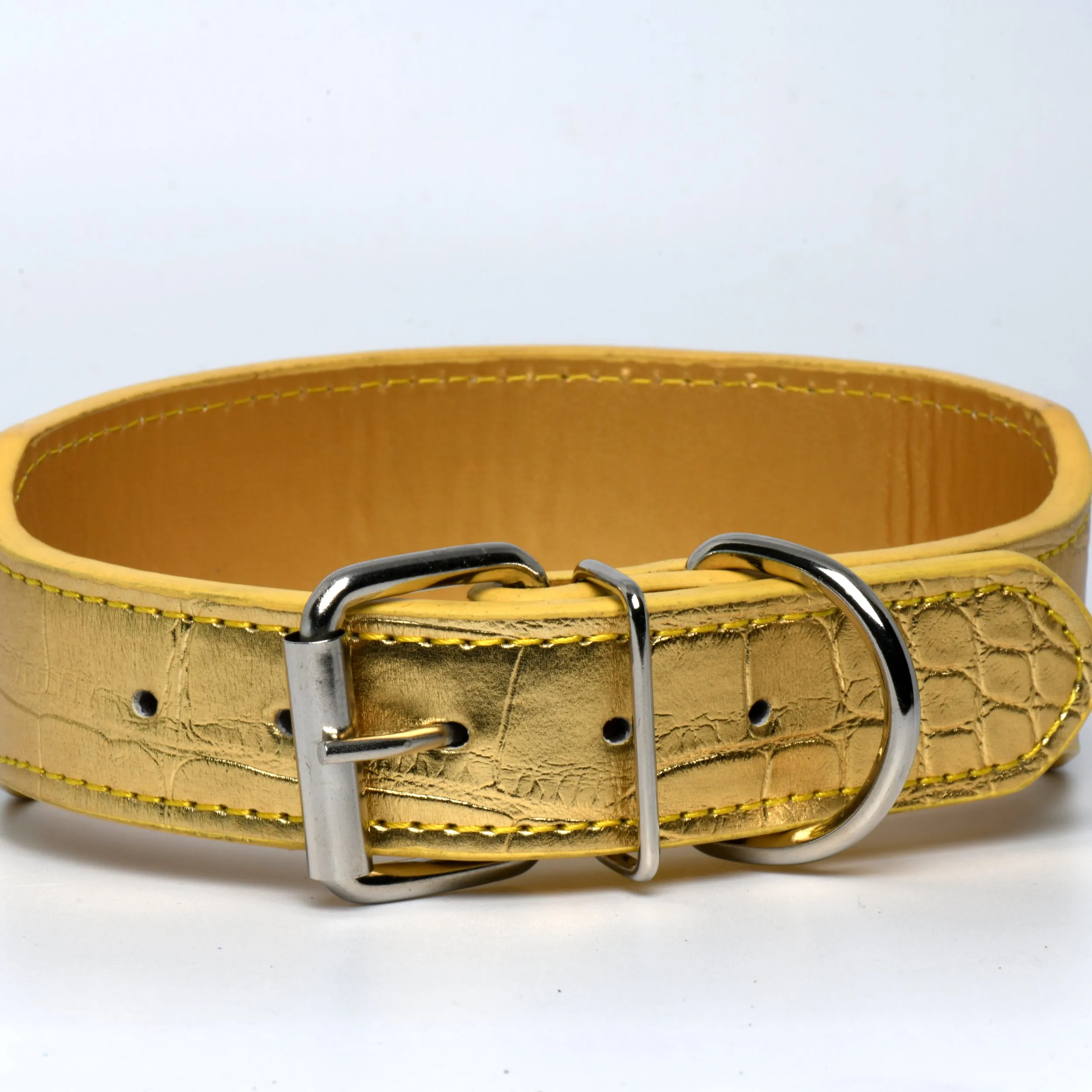 Leather Gator Print Dog Collar in Gold 2 Inch Wide